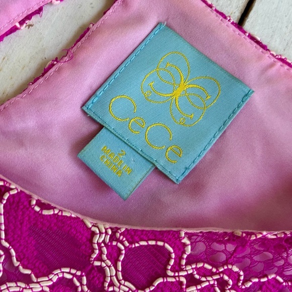 CeCe lace mini dress fun flirty sheath fuchsia pink Cynthia Steffe sz 2 EUC - Picture 7 of 13